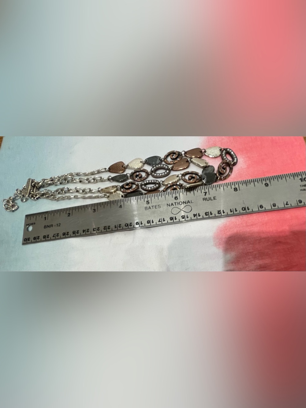 Brighton Tri-Tone Hammered Crystals Metal Two Layer Chain Necklace - Picture 6 of 8